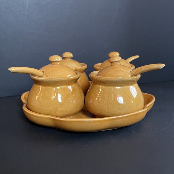 Vintage Ceramic Condiment Salsa Set Tray Jars Spoons - Picture 2 of 15